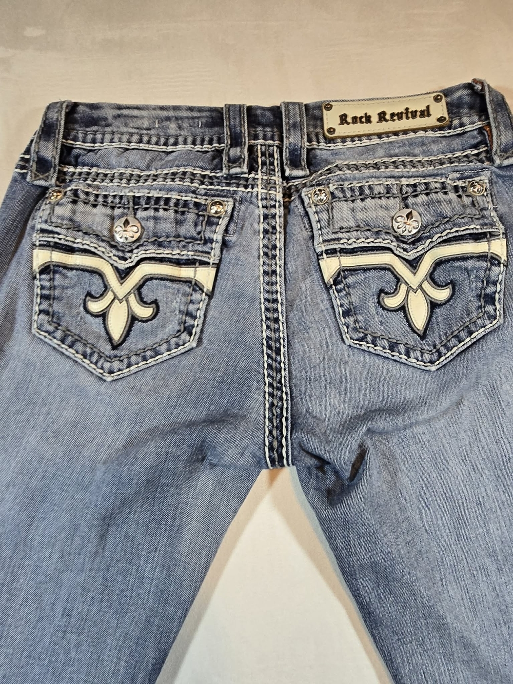 Rock Revival Gabrielle Bootcut Denim Jeans Size 27 Flap Pockets Thick Stitch